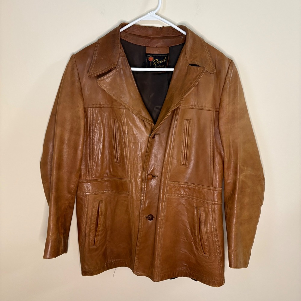 Vintage Reed Sportswear Leather Jacket Mens L Tan 80s Button Front Coat USA